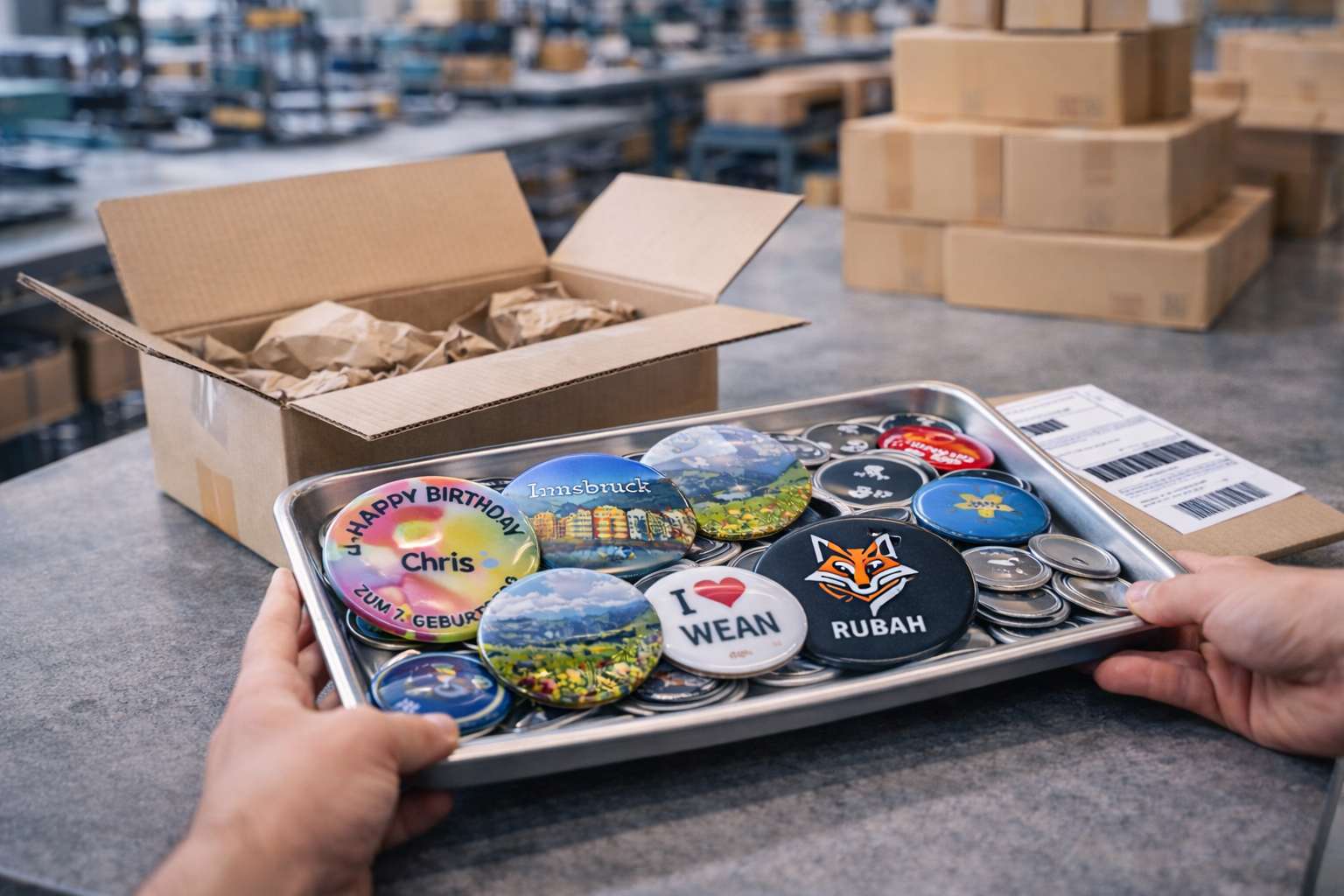 Bedruckte Buttons werden für den Versand vorbereitet