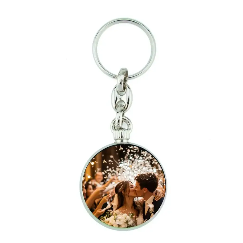 Runder Metall Schlüsselanhänger mit Gliederkette und beidseitig Fotos oder Logos (Ø 33 mm)